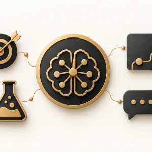 AI symbol linked to a target, experiment flask, roadmap and conversation bubble.