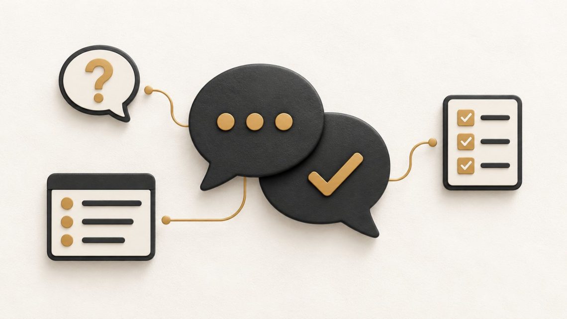 Speech bubbles linked to a priorities board, a question and a follow-up checklist.
