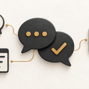 Speech bubbles linked to a priorities board, a question and a follow-up checklist.