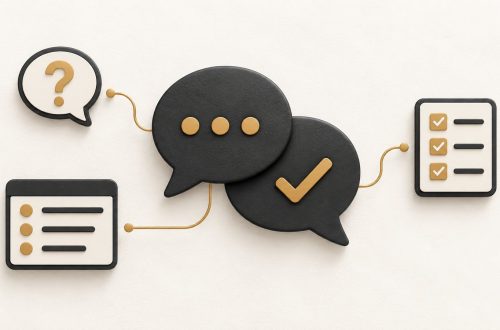 Speech bubbles linked to a priorities board, a question and a follow-up checklist.