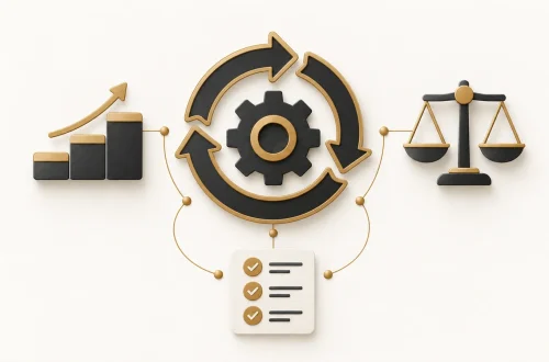 Improvement arrows surround a gear, linked to a chart, balance and checklist.