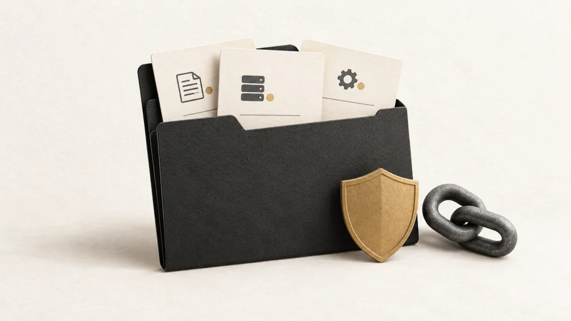 A charcoal folder holding evidence cards beside a gold shield and grey chain link.