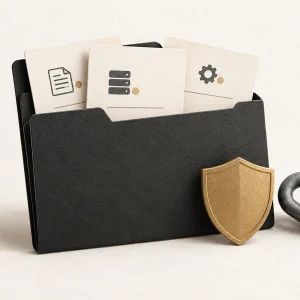 A charcoal folder holding evidence cards beside a gold shield and grey chain link.