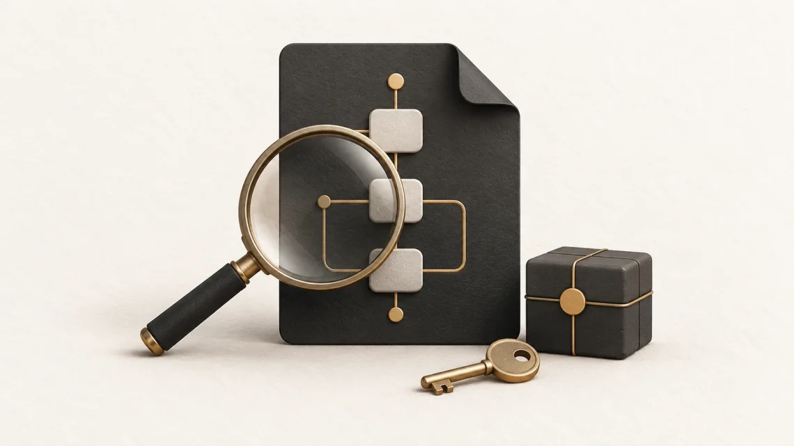A workflow document beside a magnifying glass, key and software parcel.