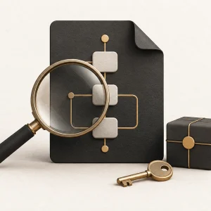 A workflow document beside a magnifying glass, key and software parcel.