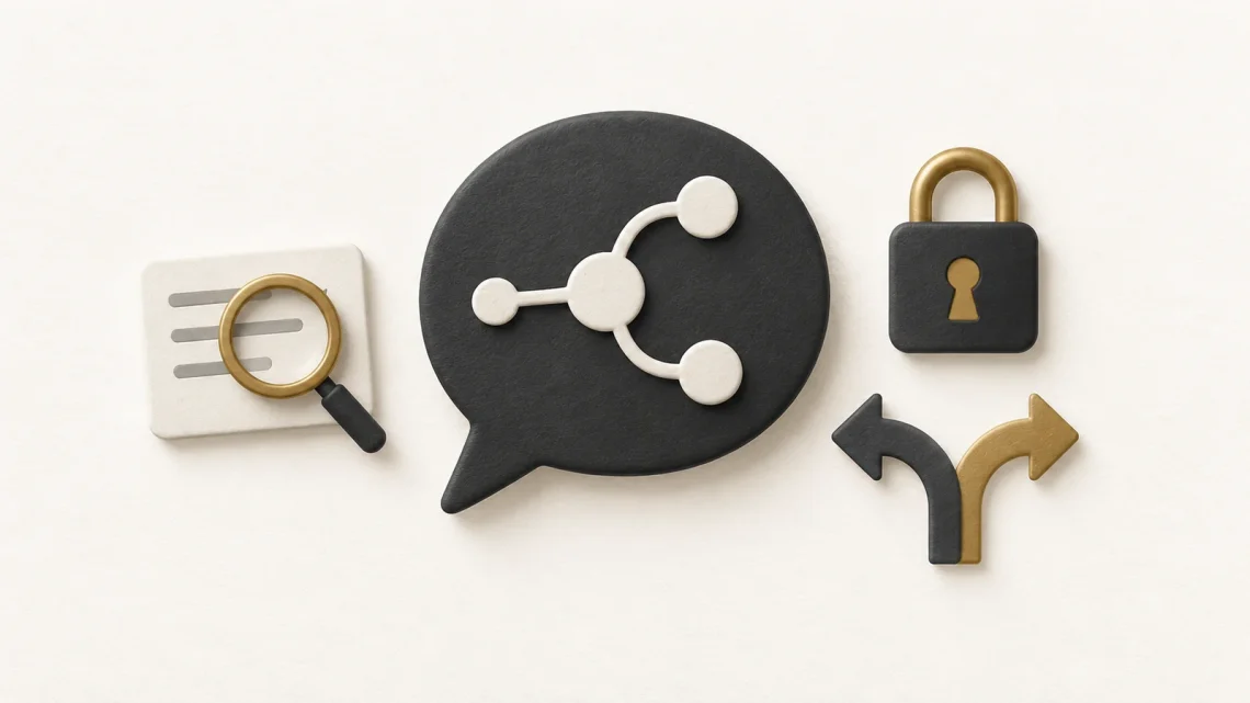 An AI chat bubble surrounded by a source card, magnifying glass, padlock and decision fork.