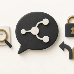 An AI chat bubble surrounded by a source card, magnifying glass, padlock and decision fork.