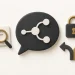 An AI chat bubble surrounded by a source card, magnifying glass, padlock and decision fork.