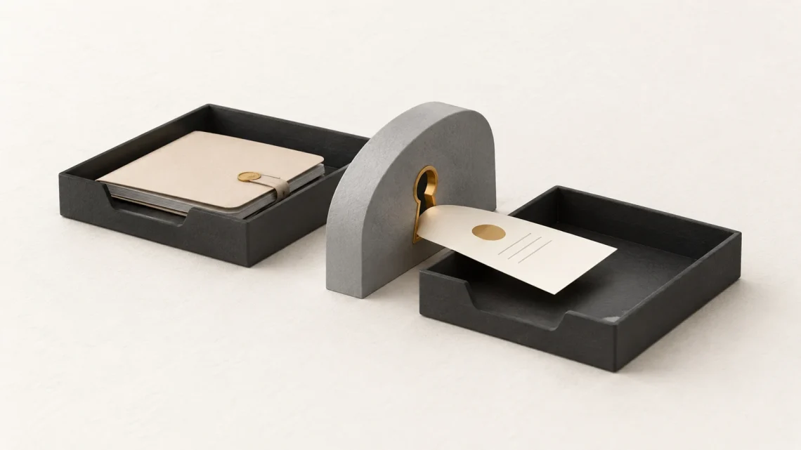 A single document passes through a gold keyhole between trays while a closed folder stays behind.