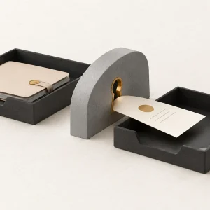 A single document passes through a gold keyhole between trays while a closed folder stays behind.