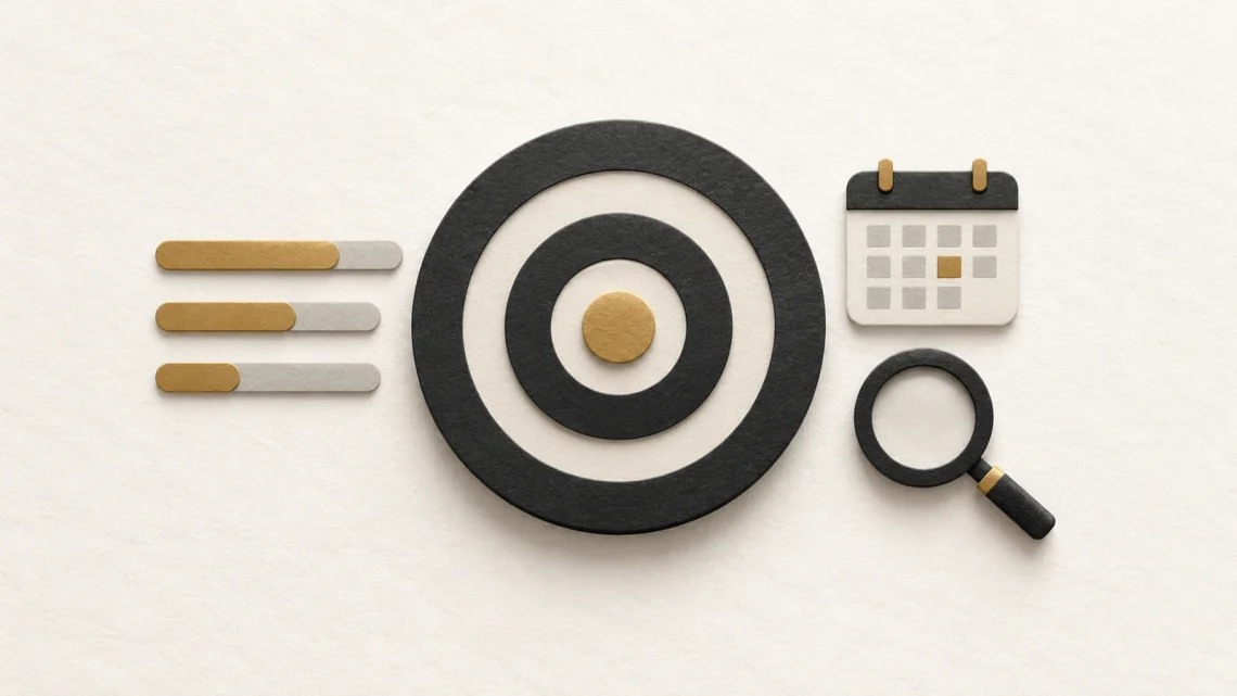 A charcoal target with a gold centre, progress bars, a calendar and a magnifying glass.