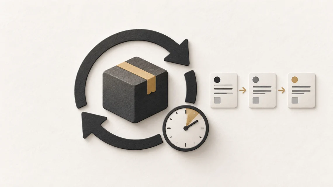 An update arrow around a software parcel beside a clock and three evidence cards.