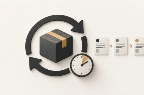 An update arrow around a software parcel beside a clock and three evidence cards.