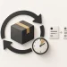 An update arrow around a software parcel beside a clock and three evidence cards.