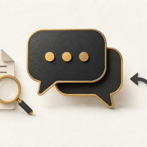Layered chat bubbles with a document, magnifying glass and branching path.