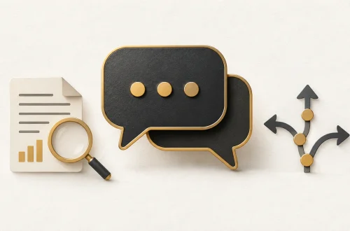 Layered chat bubbles with a document, magnifying glass and branching path.
