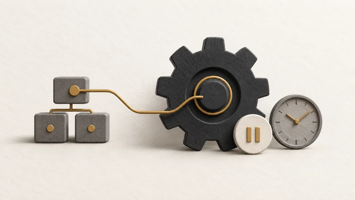 A charcoal industrial gear linked to business-system blocks beside a pause symbol and a clock.