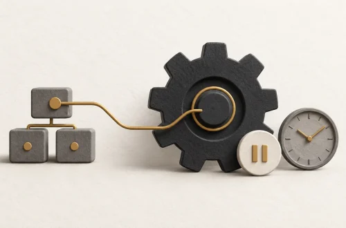 A charcoal industrial gear linked to business-system blocks beside a pause symbol and a clock.