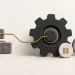 A charcoal industrial gear linked to business-system blocks beside a pause symbol and a clock.