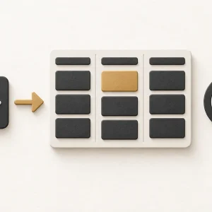 Code brackets lead towards a product board and target, representing a move from development into product ownership.