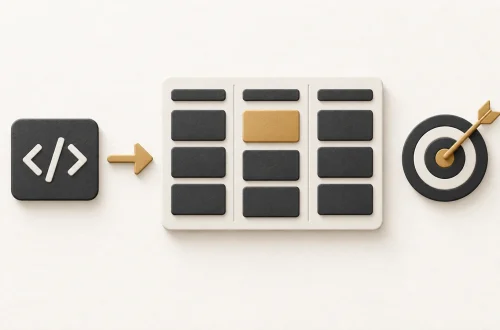 Code brackets lead towards a product board and target, representing a move from development into product ownership.