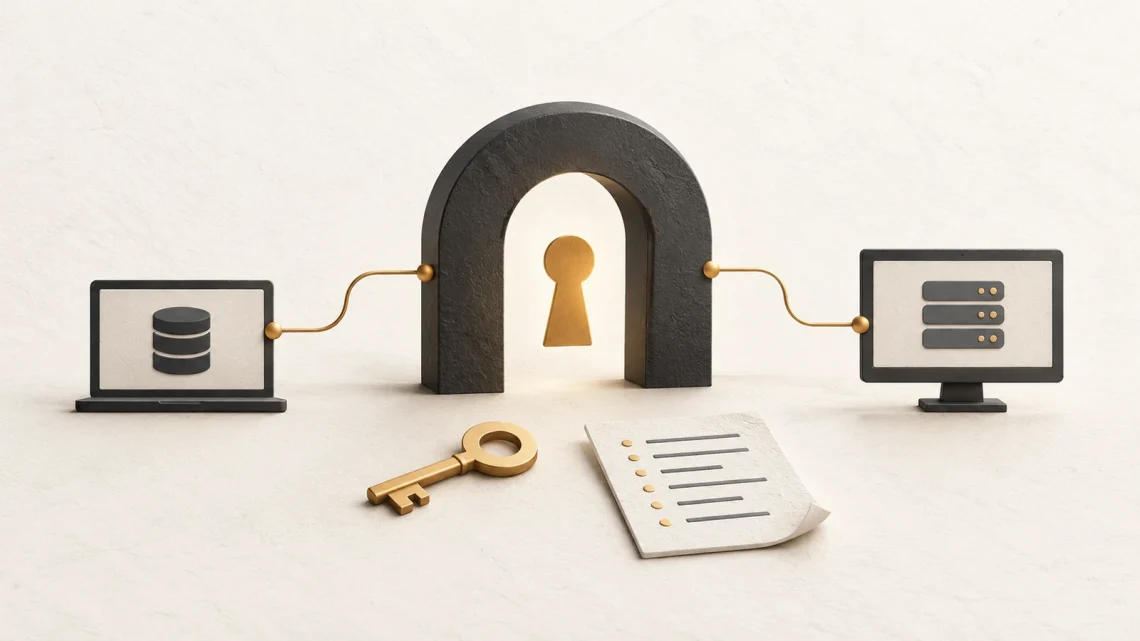 A keyhole gateway linking two endpoint screens beside a key and audit-log document.