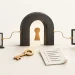 A keyhole gateway linking two endpoint screens beside a key and audit-log document.