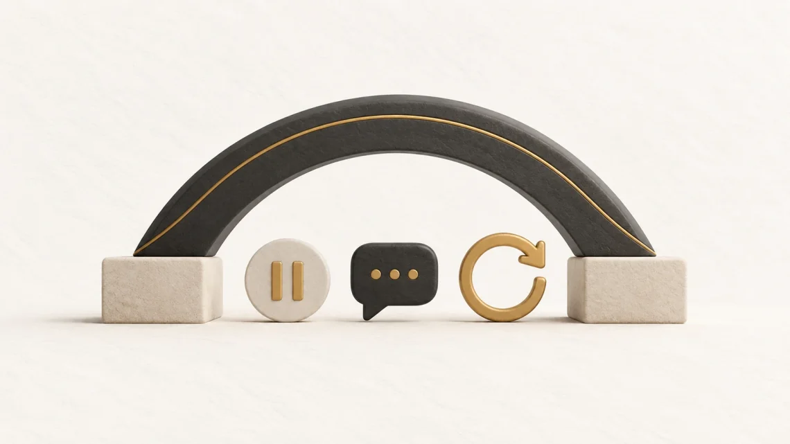 A flexible charcoal arch with stable supports, a pause symbol, speech bubble and reset arrow.