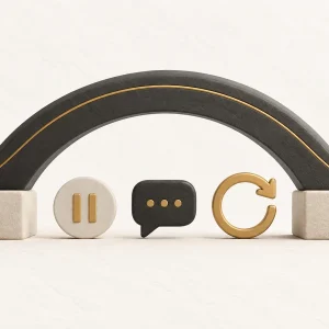 A flexible charcoal arch with stable supports, a pause symbol, speech bubble and reset arrow.