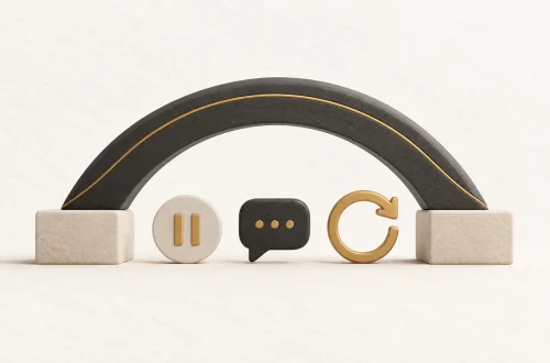 A flexible charcoal arch with stable supports, a pause symbol, speech bubble and reset arrow.