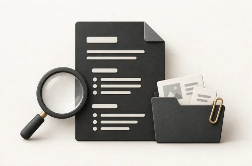 A CV document with a magnifying glass, evidence folder and gold paperclip.