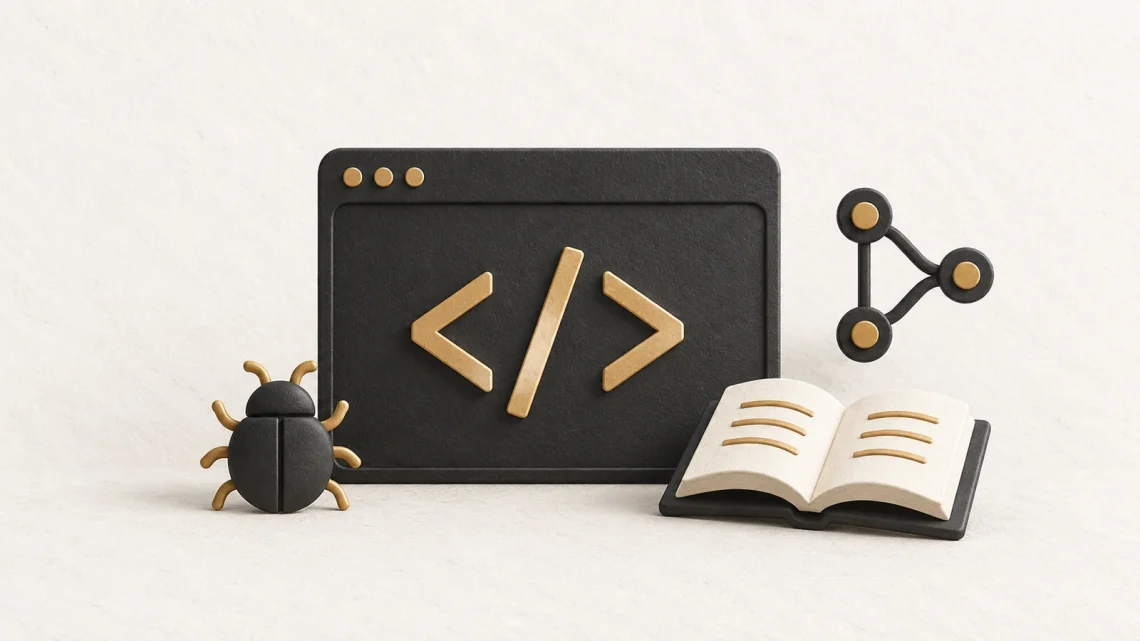 A browser panel with code brackets, a bug, version-control branches and an open book.