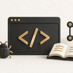 A browser panel with code brackets, a bug, version-control branches and an open book.