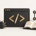 A browser panel with code brackets, a bug, version-control branches and an open book.