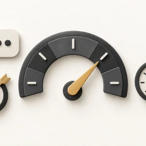 A measurement gauge with a chat bubble, target and stopwatch, representing evaluation of an AI feature.