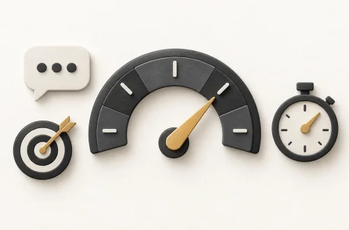 A measurement gauge with a chat bubble, target and stopwatch, representing evaluation of an AI feature.