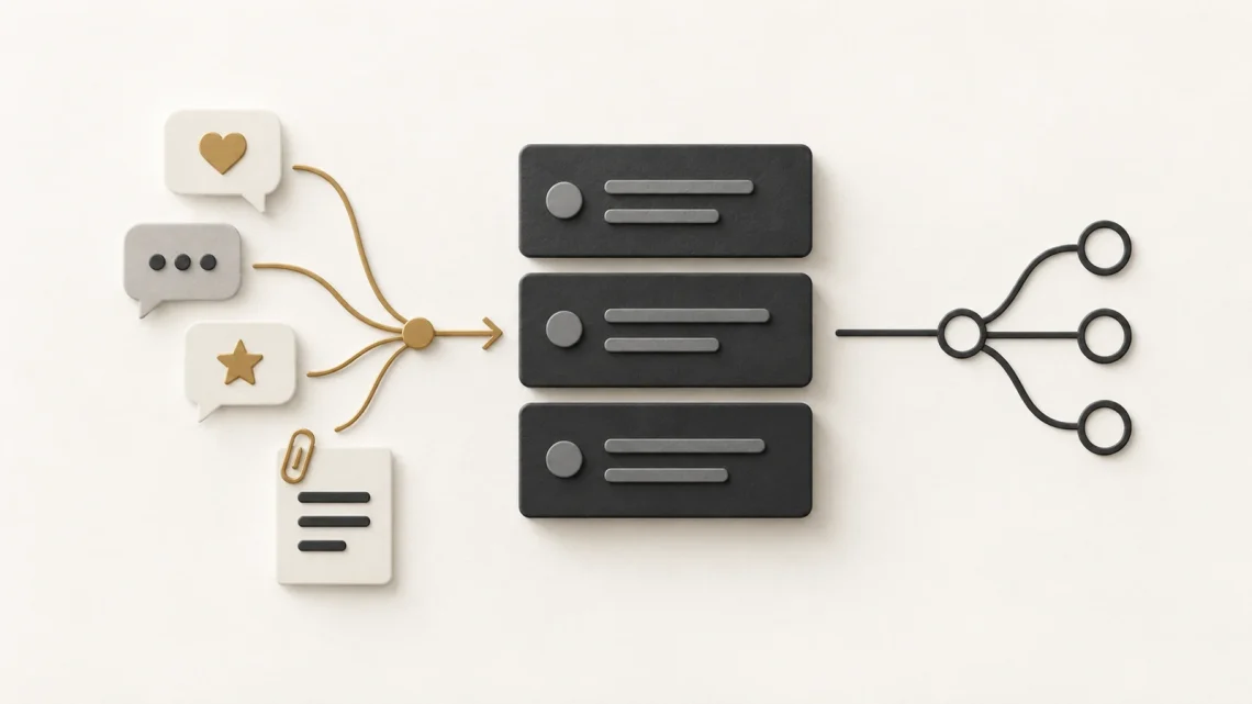 Feedback bubbles connect to backlog cards, with a source document and branching decision symbol.