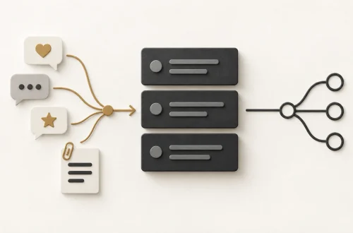 Feedback bubbles connect to backlog cards, with a source document and branching decision symbol.