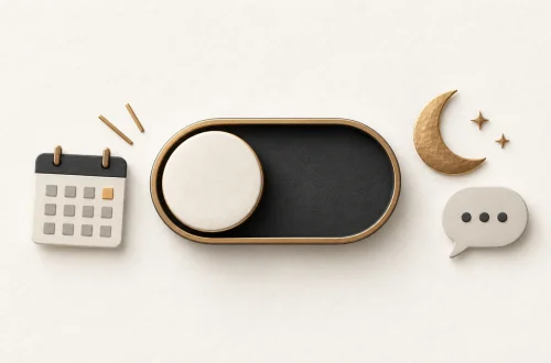 An off-position toggle with a calendar, moon and speech bubble on a warm white background.