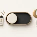 An off-position toggle with a calendar, moon and speech bubble on a warm white background.
