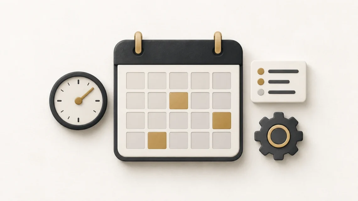 A calendar with gold blocks and empty space, accompanied by a clock, task card and gear.