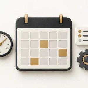 A calendar with gold blocks and empty space, accompanied by a clock, task card and gear.