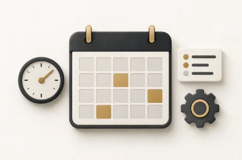 A calendar with gold blocks and empty space, accompanied by a clock, task card and gear.
