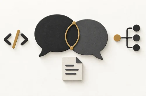 Connected speech bubbles link code brackets with a decision fork and written decision note.