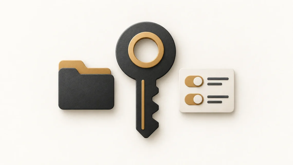 A charcoal key beside a folder and a two-switch settings panel.