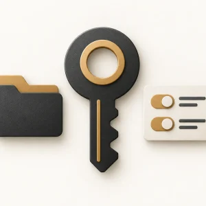 A charcoal key beside a folder and a two-switch settings panel.