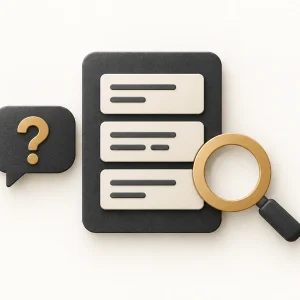 A charcoal backlog board beside a magnifying glass and question bubble.