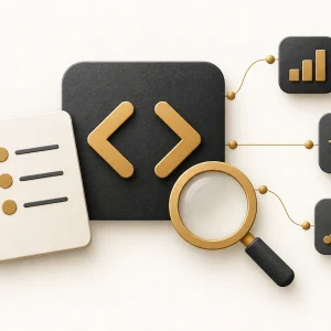 Code brackets beside an evidence notebook, a magnifying glass and linked observation cards.