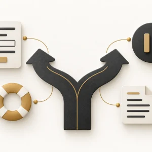 A branching route leading to a manual form and a pause symbol beside a gold lifebuoy.