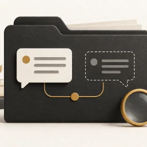 Research folder with solid and dotted speech-bubble cards beside a magnifying glass.